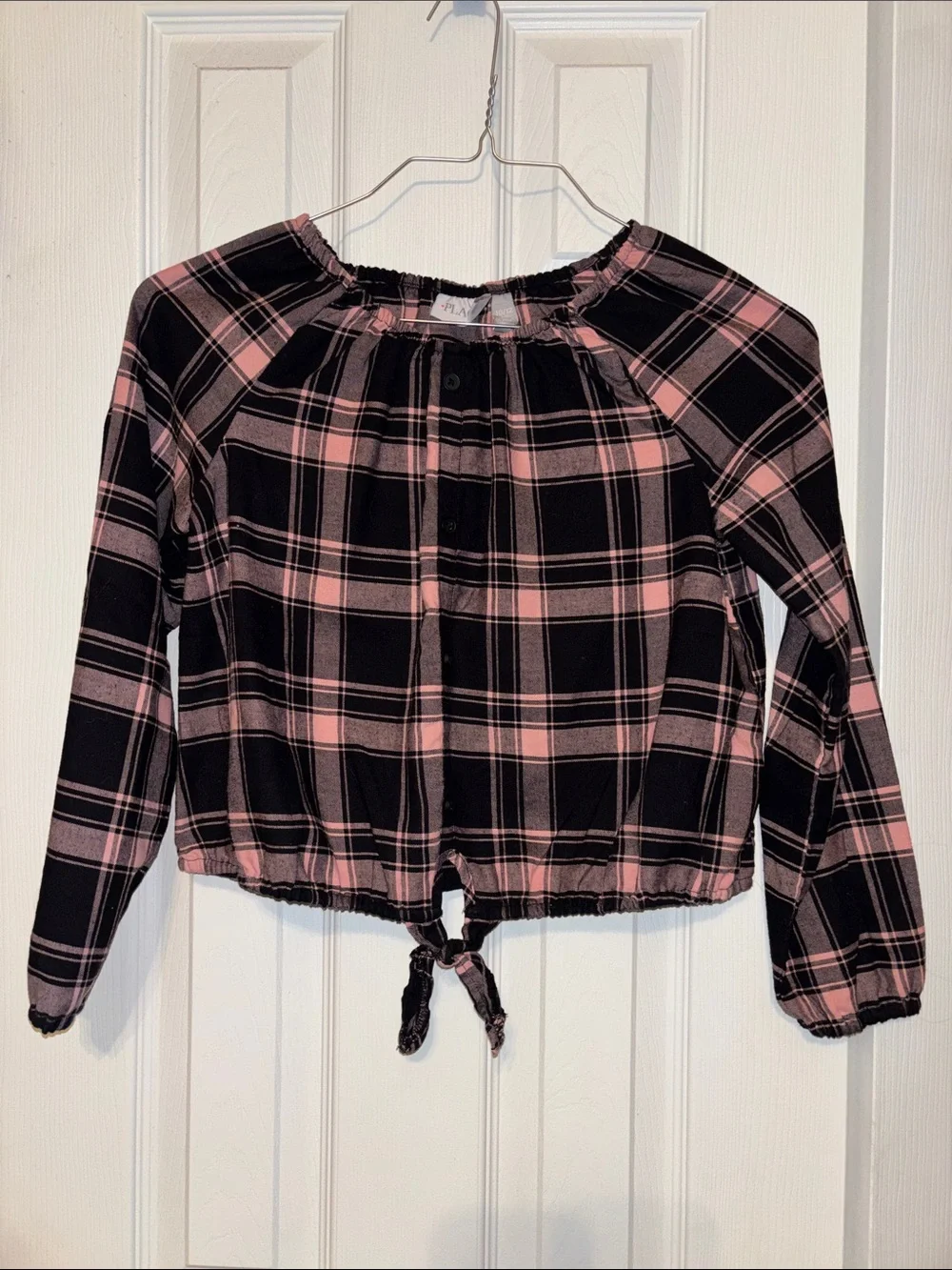 The Children's Place Black & Pink Plaid Tie-Hem Blouse